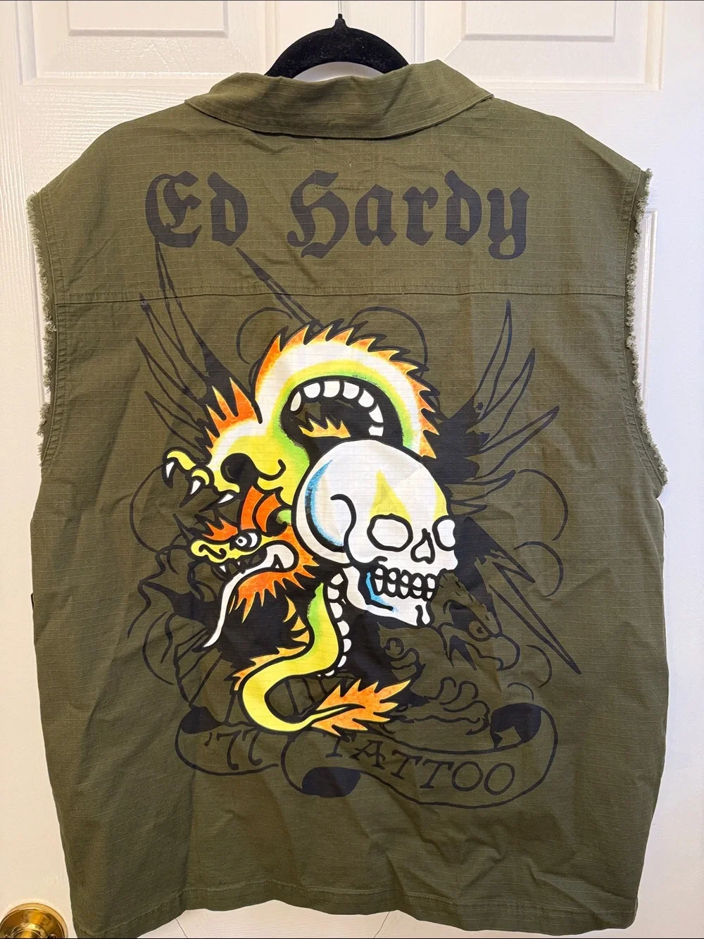 Ed Hardy Olive Green Sleeveless Button-Up Vest with Tattoo Graphic